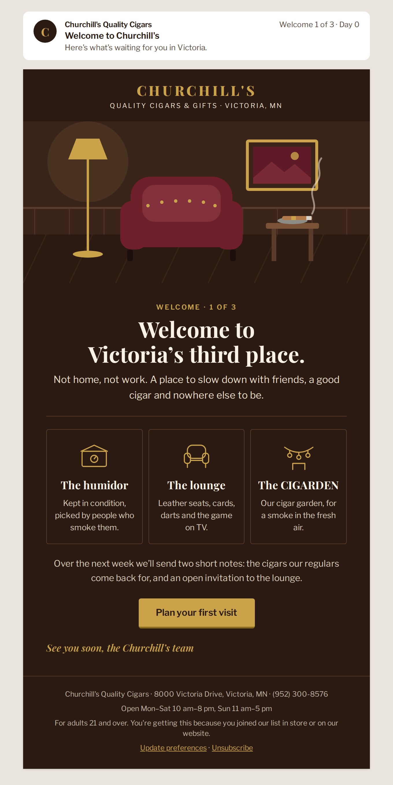 Welcome 1 email: Dark lounge scene with three icon panels: humidor, lounge, CIGARDEN.