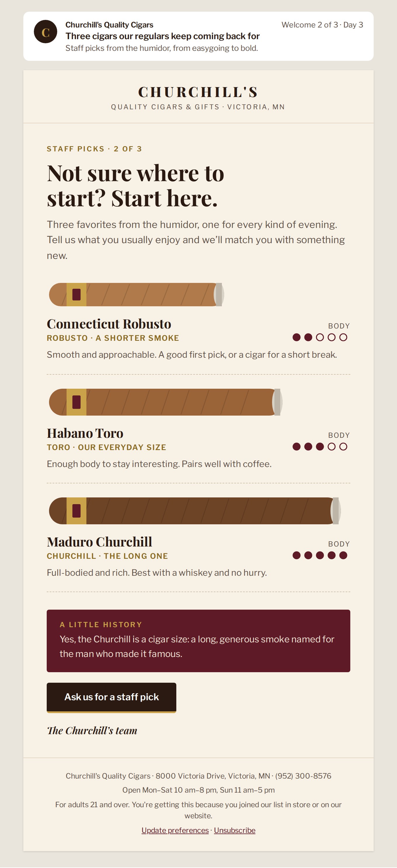 Welcome 2 email: A tasting menu with three sizes drawn to scale and a 1–5 body rating.