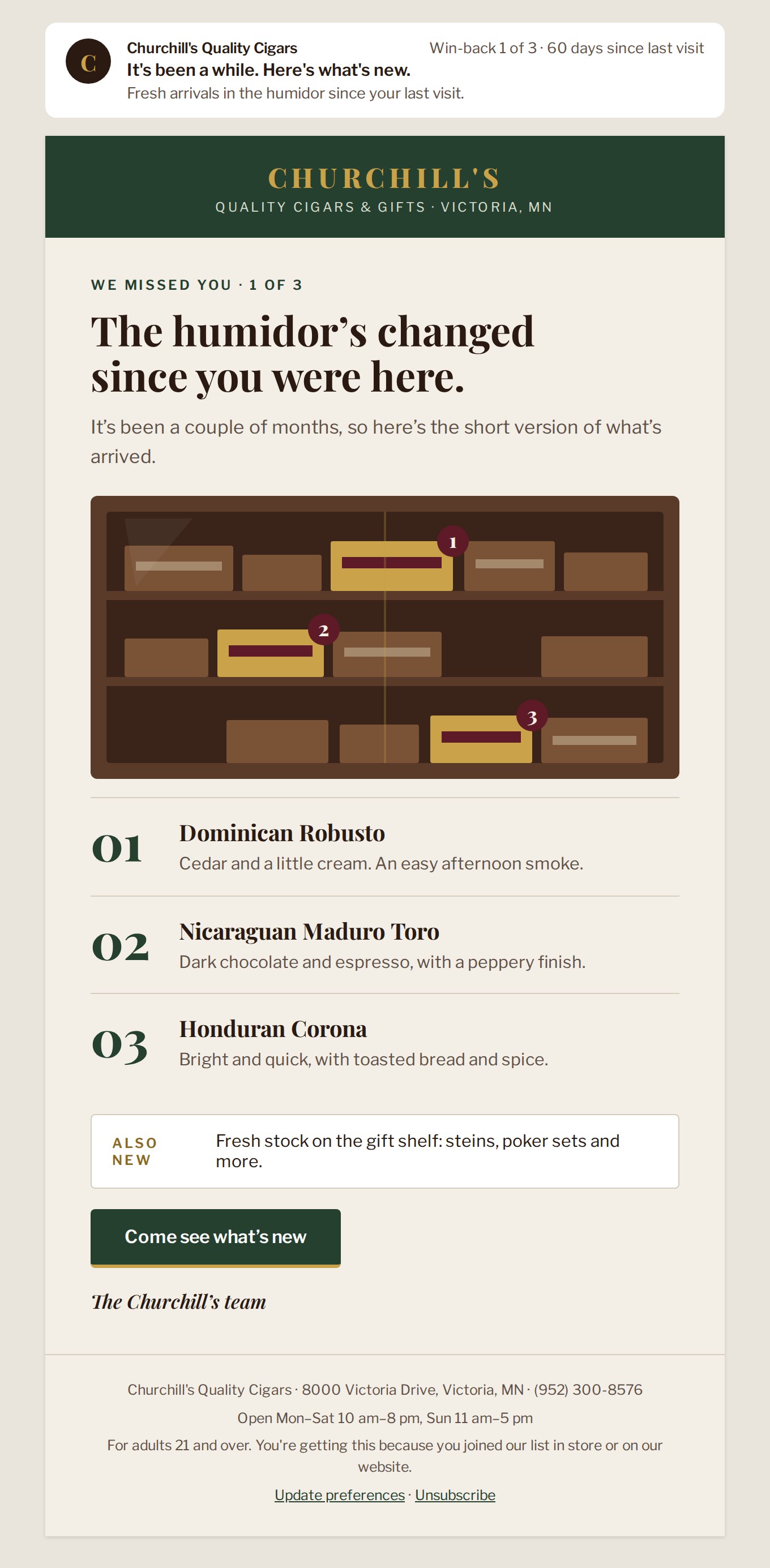 Win-back 1 email: Magazine layout with a humidor cabinet and numbered new arrivals.