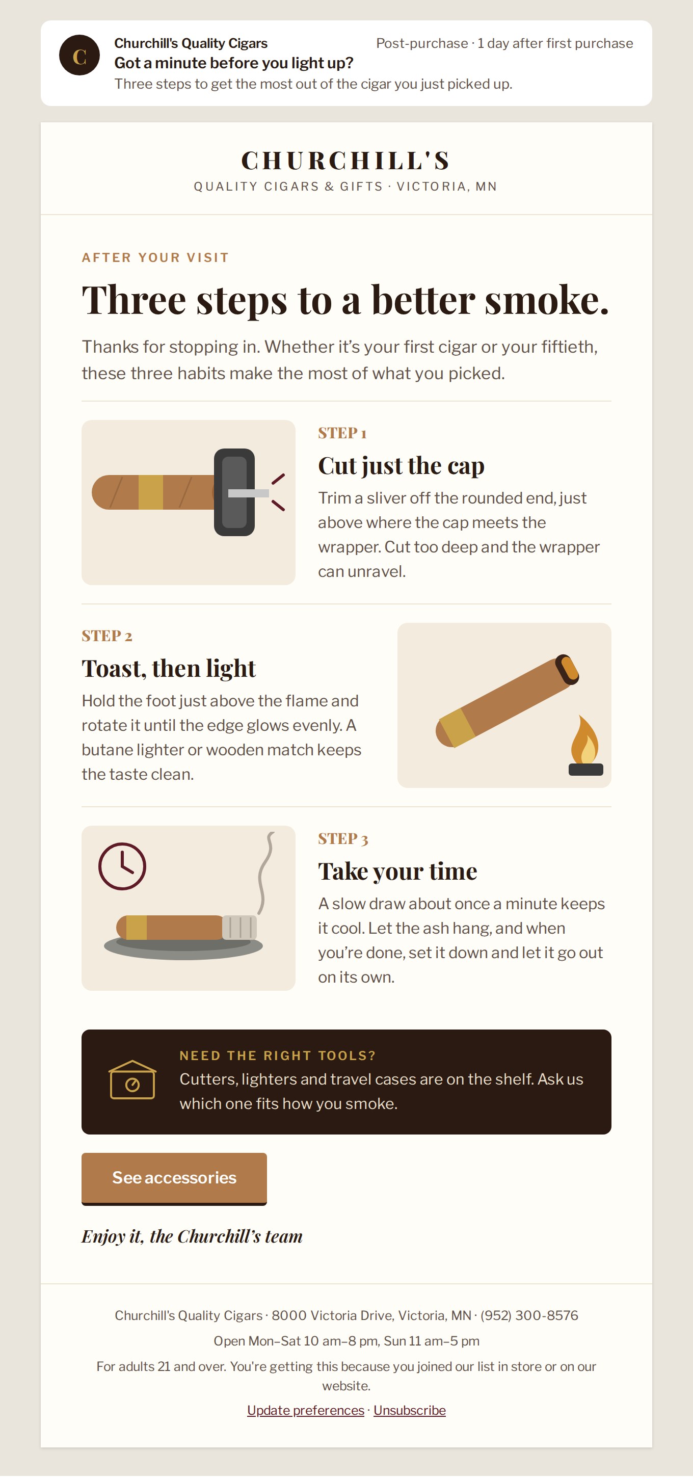 Post-purchase email: A three-step illustrated how-to: cut, light, take your time.