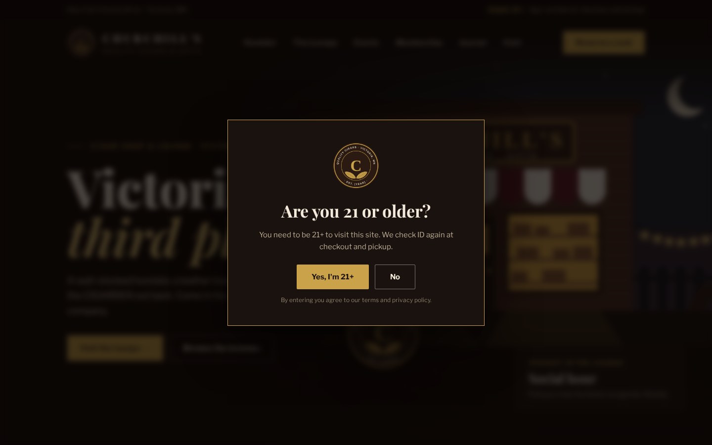 After: age gate: The 21+ check every visitor sees first.