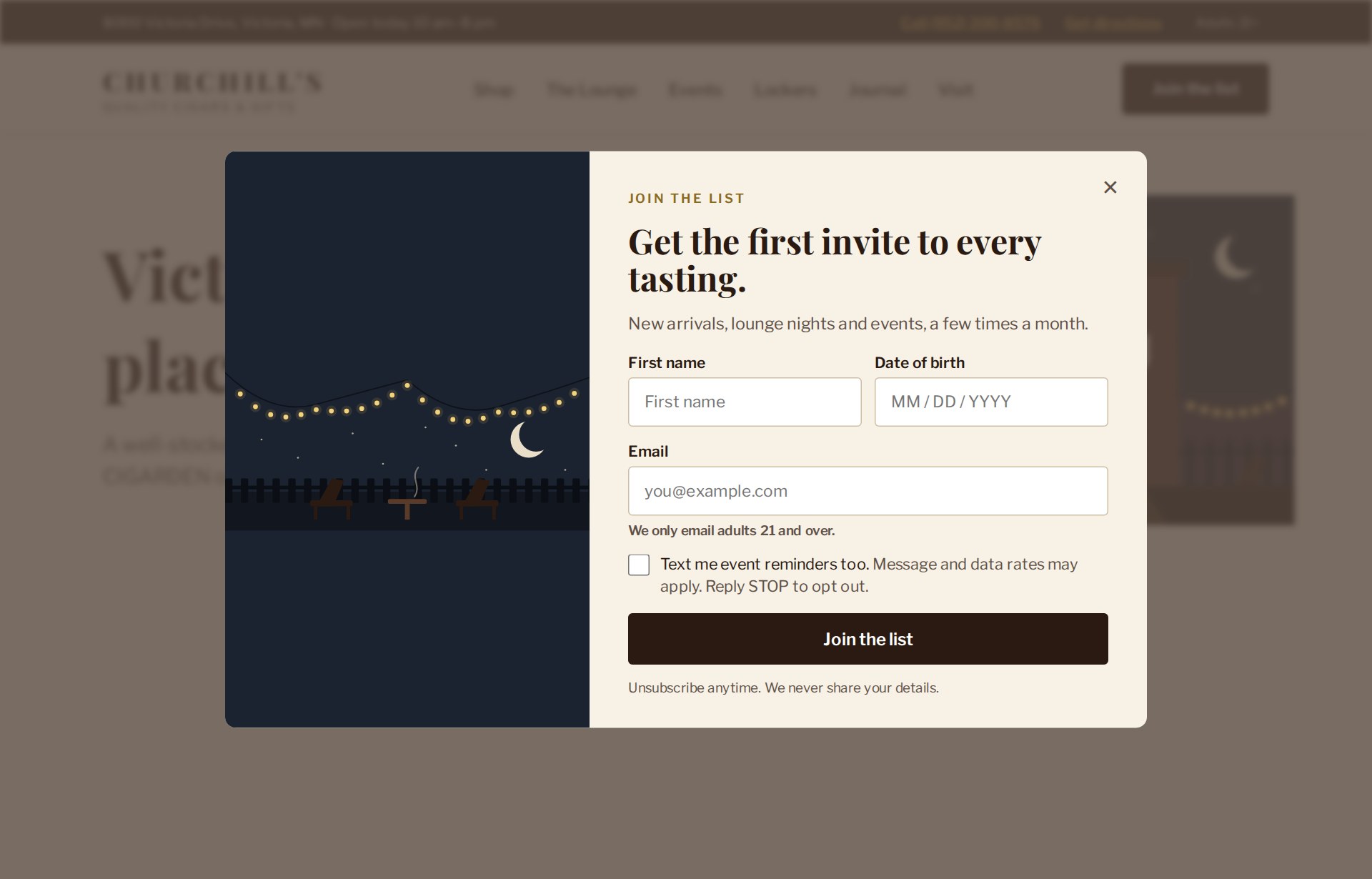 Website pop-up: Collects date of birth for the age check, with an optional text opt-in.
