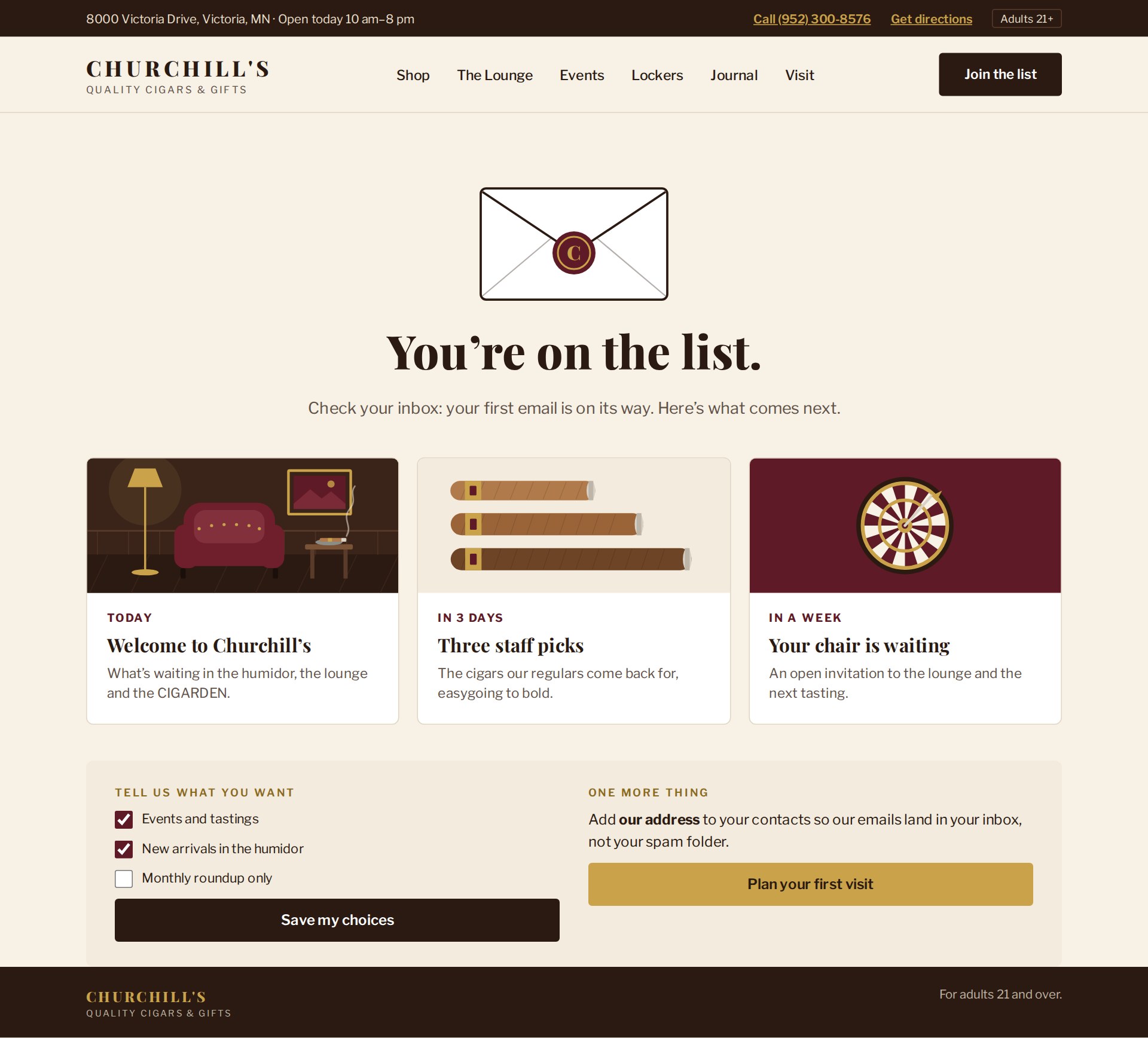 Confirmation page: Shows the first three welcome emails as a timeline, plus email preferences.