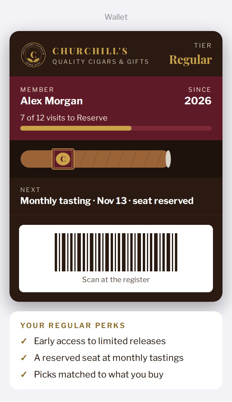 Card in a phone wallet: Tier, progress to the next tier, and the next reserved seat.