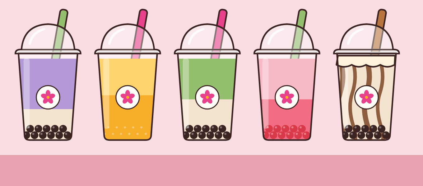 Illustration: five boba drinks lined up, taro, mango, matcha, strawberry and brown sugar tiger