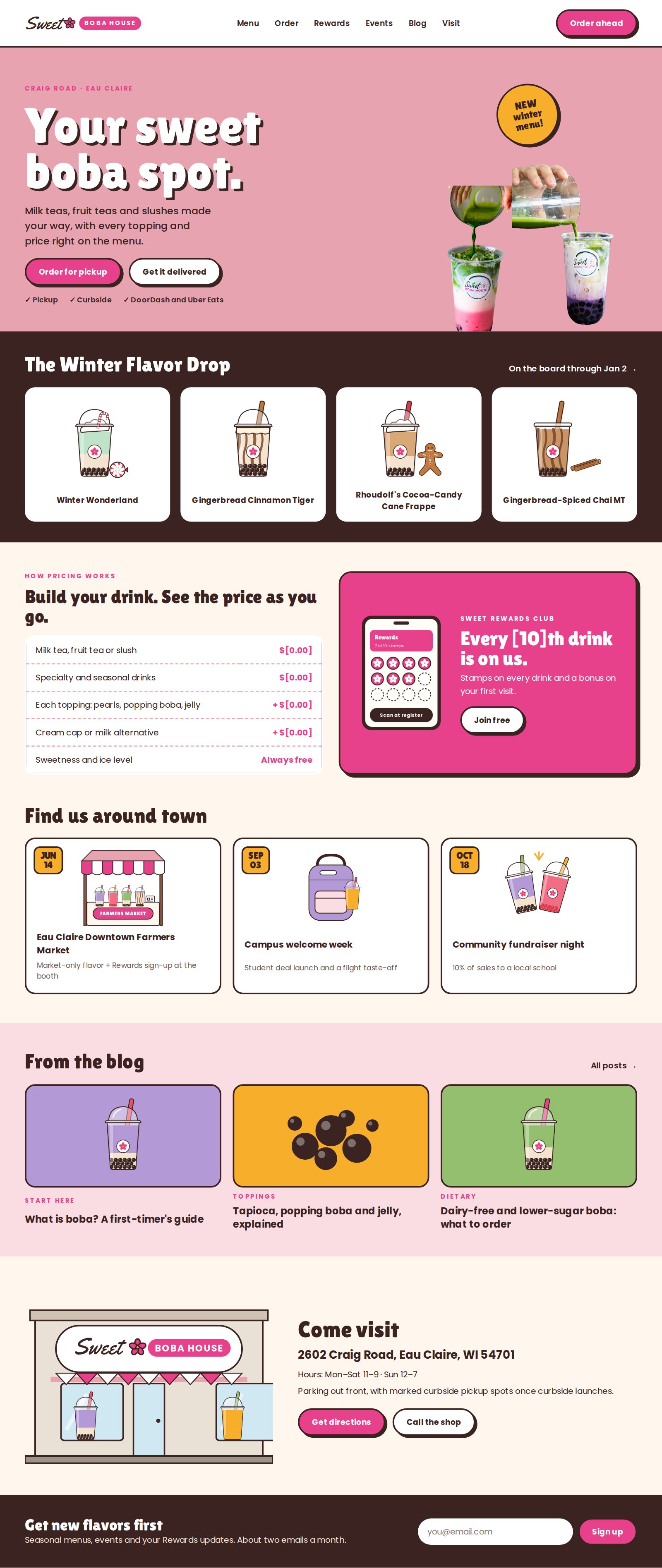Homepage, desktop: Pickup, curbside and delivery in the hero; the winter menu; a pricing table; Rewards; events; blog; visit.