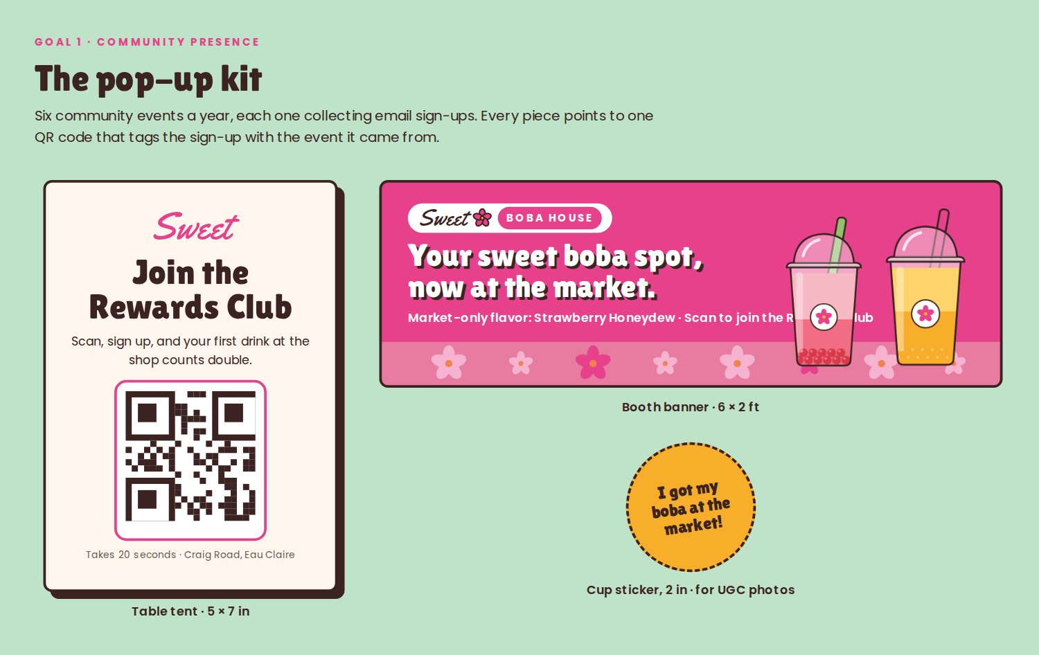 Pop-up kit: A table tent, booth banner and cup sticker, all pointing to one sign-up QR.