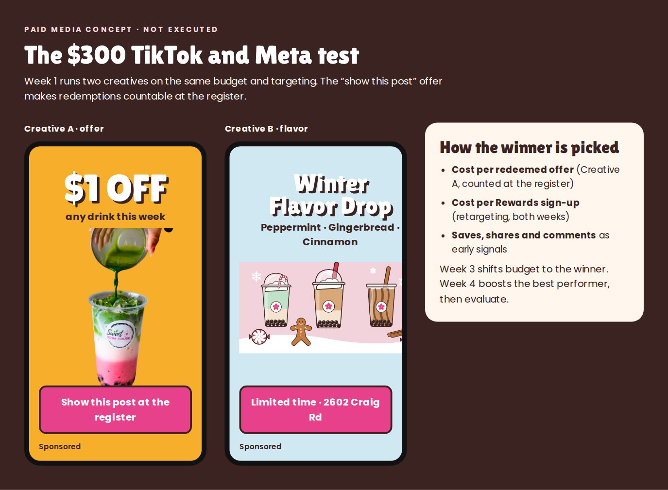 Paid social A/B test: The two Week 1 creatives from my $300 TikTok and Meta concept.