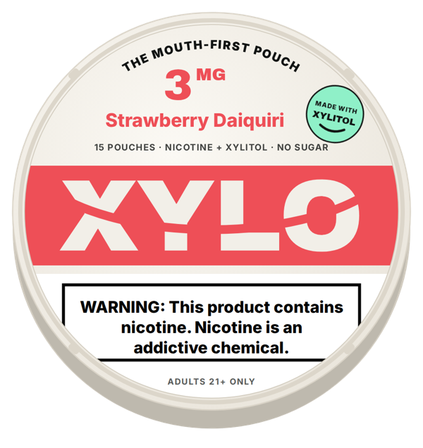 The revamped XYLO Strawberry Daiquiri can: a smile-shaped cut through the wordmark, The Mouth-First Pouch around the top, and a Made With Xylitol sticker