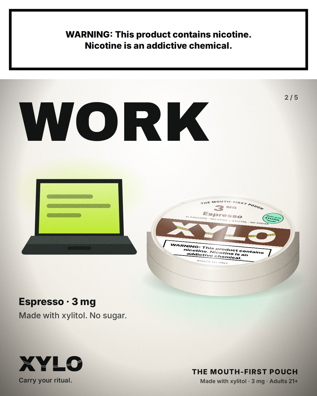 Slide 2: WORK, with a laptop and an Espresso can