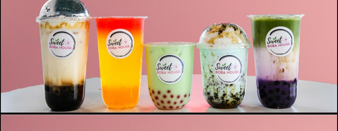 Five Sweet Boba House drinks lined up on a table