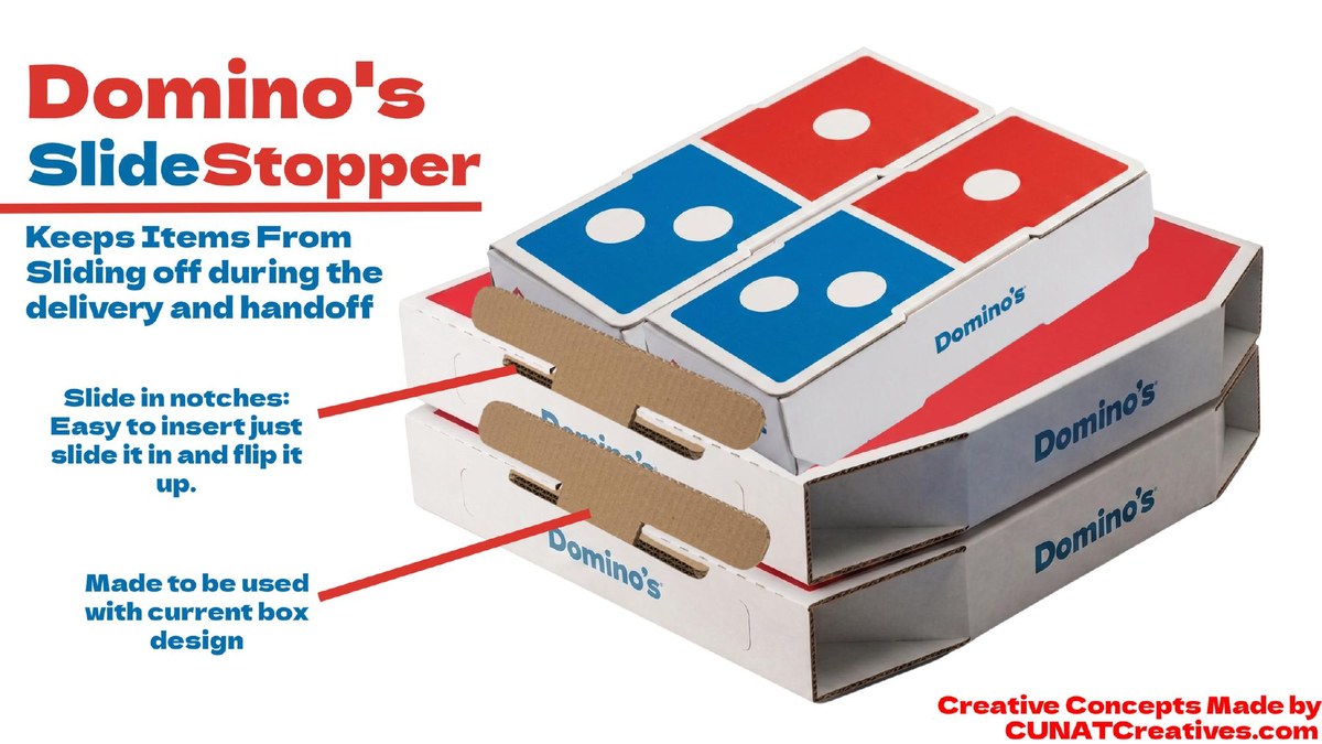 Photoshop render of the Slide Stopper seated in the back air hole of stacked Domino's boxes, with smaller boxes on top