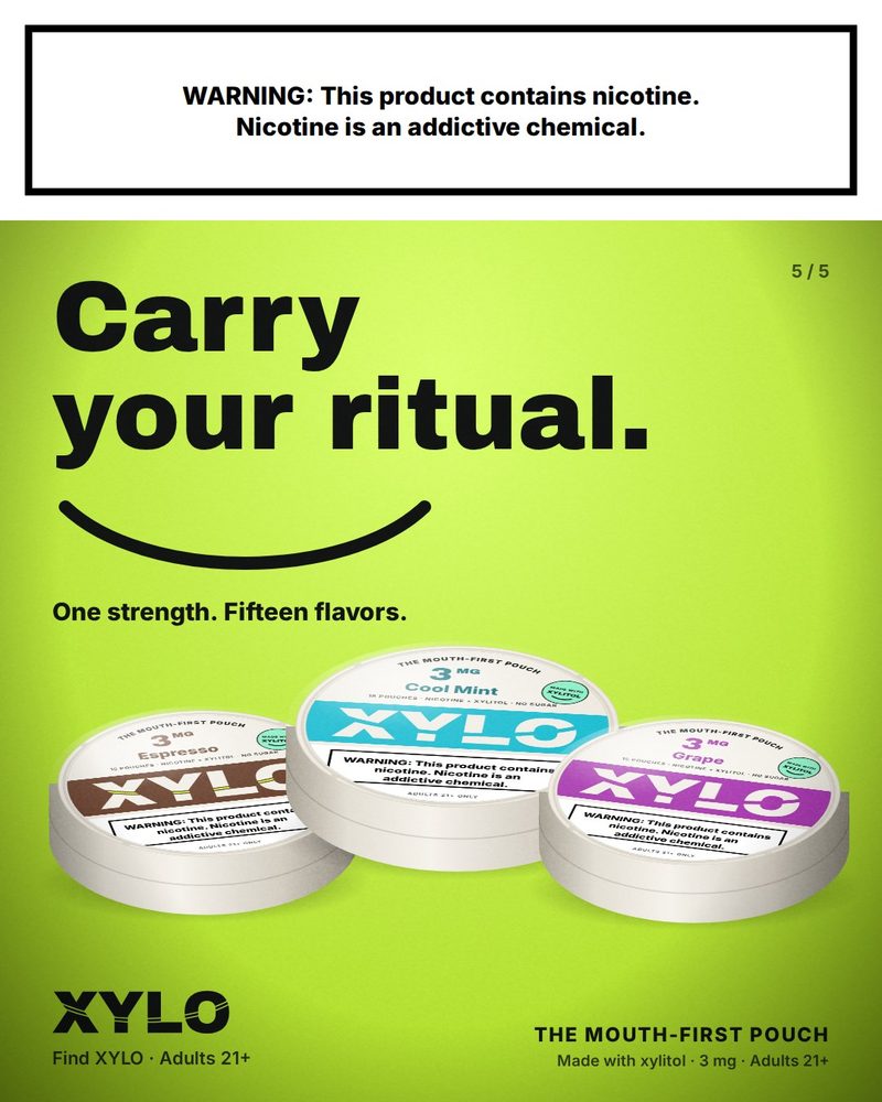 XYLO carousel slide 5: Carry your ritual. Three cans on lime, under a nicotine warning